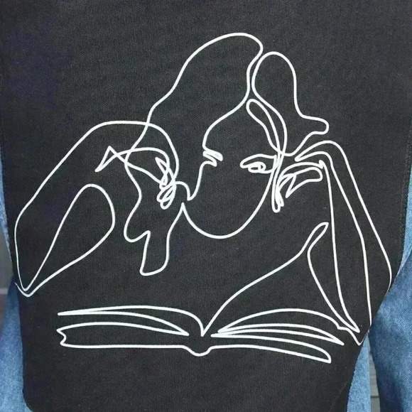 Upcycled Denim Jacket Woman Reading Book Back Patch Vintage Jean Blazer Small - Picture 7 of 9